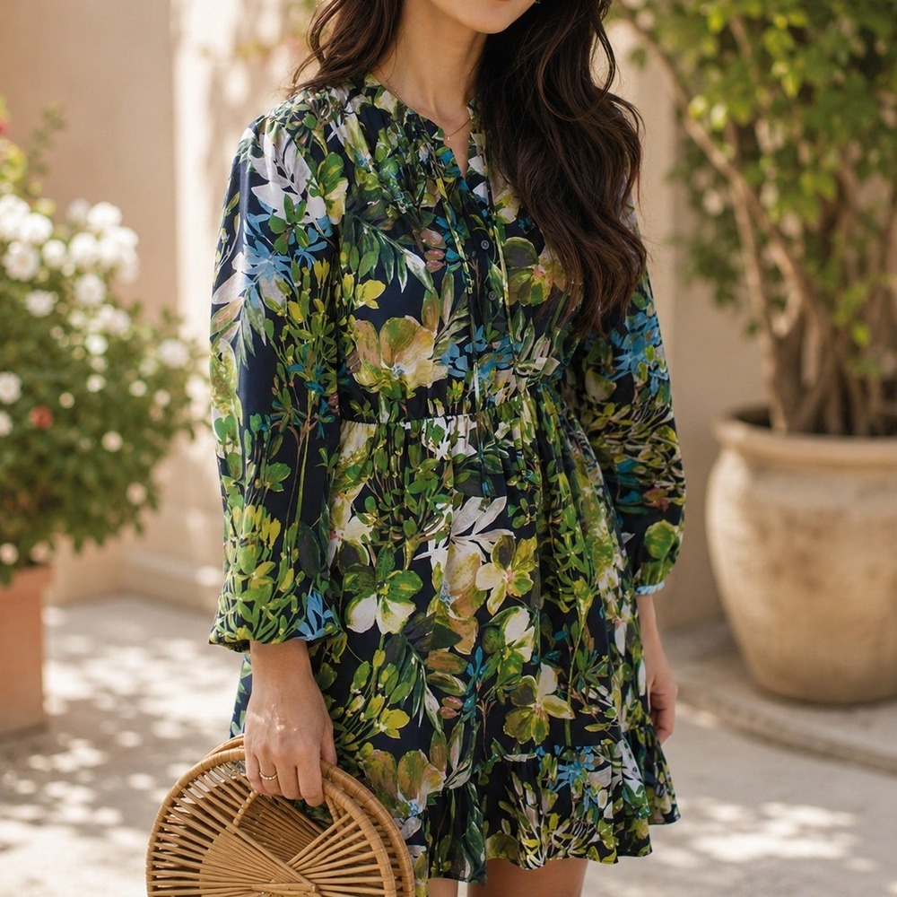 NWOT J.Crew 100% Silk Ruffle Mini Dress Womens L Watercolor Moody Floral